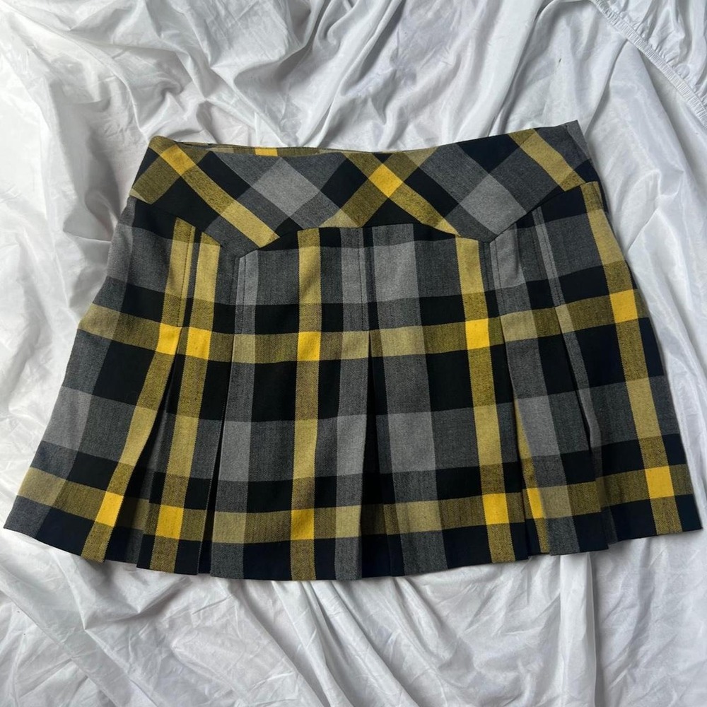 Le Château Yellow and Grey Plaid Pleated Mini Skirt